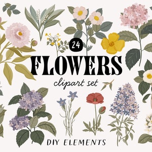 Digital Flowers Clipart, Floral stickers, Hand drawn Summer Flowers Leaves Clipart, Spring Botanical Floral Illustration, Sublimation PNG
