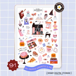 Op de afbeelding: Een tablet met digitale Halloween-stickers. De stickers bevatten geesten, pompoenen, een spookhuis en de tekst "Spooky Halloween". De stickers zijn voorgesneden en beschikbaar als Goodnotes- en PNG-bestanden.