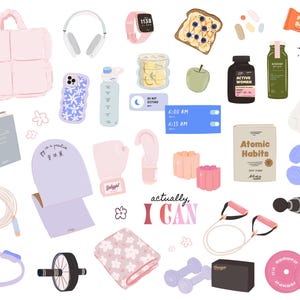 Puede incluir: Una ilustraci&oacute;n colorida de varios art&iacute;culos relacionados con el cuidado personal y el bienestar, que incluyen una bolsa de mano acolchada rosa, un rastreador de actividad f&iacute;sica, un diario, una esterilla de yoga, una barrita de prote&iacute;na, una botella de agua, un par de mancuernas, un rodillo de espuma, una banda de resistencia y una pistola de masaje. La ilustraci&oacute;n tambi&eacute;n incluye texto motivacional como "en realidad, PUEDO" y "es una pr&aacute;ctica".
