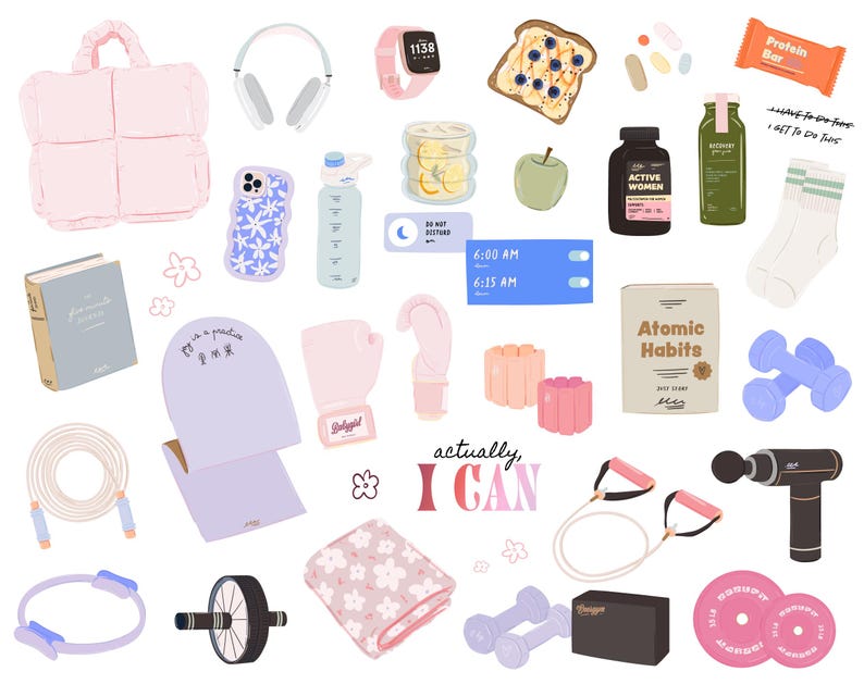 Puede incluir: Una ilustraci&oacute;n colorida de varios art&iacute;culos relacionados con el cuidado personal y el bienestar, que incluyen una bolsa de mano acolchada rosa, un rastreador de actividad f&iacute;sica, un diario, una esterilla de yoga, una barrita de prote&iacute;na, una botella de agua, un par de mancuernas, un rodillo de espuma, una banda de resistencia y una pistola de masaje. La ilustraci&oacute;n tambi&eacute;n incluye texto motivacional como "en realidad, PUEDO" y "es una pr&aacute;ctica".