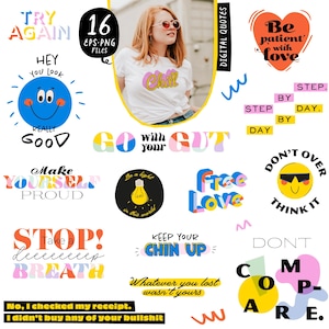 Motivationszitat Clipart Bundle, lustiges buntes digitales Zitat PNG, moderne druckbare Typografie positive Phrasen T-Shirt Sublimationswandkunst