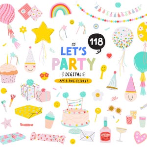 Pakiet clipartów imprezowych, cyfrowe naklejki urodzinowe w formacie PNG, grafiki na przyjęcia, artykuły imprezowe: świece, balony, prezenty. Naklejki GoodNotes