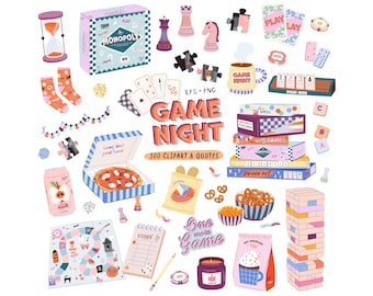 Op de afbeelding: Een verzameling illustraties met een spelletjesavondthema, waaronder een Monopoly-doos, zandloper, schaakstukken, speelkaarten, bordspellen, pizza in een doos, snacks, een scoreblok en een houten blokkentoren. Tekst: GAME NIGHT, 100 CLIPART & QUOTES, One more Game.