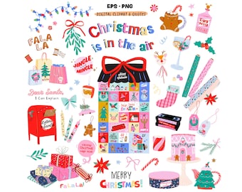 Christmas Clipart Set, Cute Holiday Glam Girl PNG, Cozy Winter Coquette: Gifts Bows Sweets Gingerbread Festive Xmas Quotes. Digital Stickers