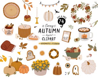 Autumn Clipart Cozy Fall Decor Autumn Food Harvest Pumpkin season, Hand drawn Fashion illustration Digital PNG GoodNotes Planner stickers