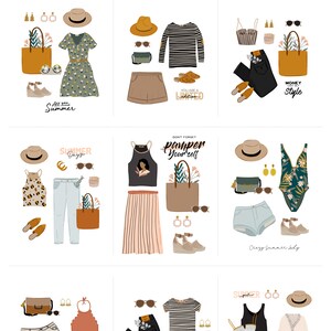May include: Nine digital illustrations of spring and summer outfits. Each illustration features a variety of clothing items, including dresses, skirts, trousers, tops, shoes, hats, bags, and jewellery. The illustrations are in a cartoon style and feature bright colours and patterns.
