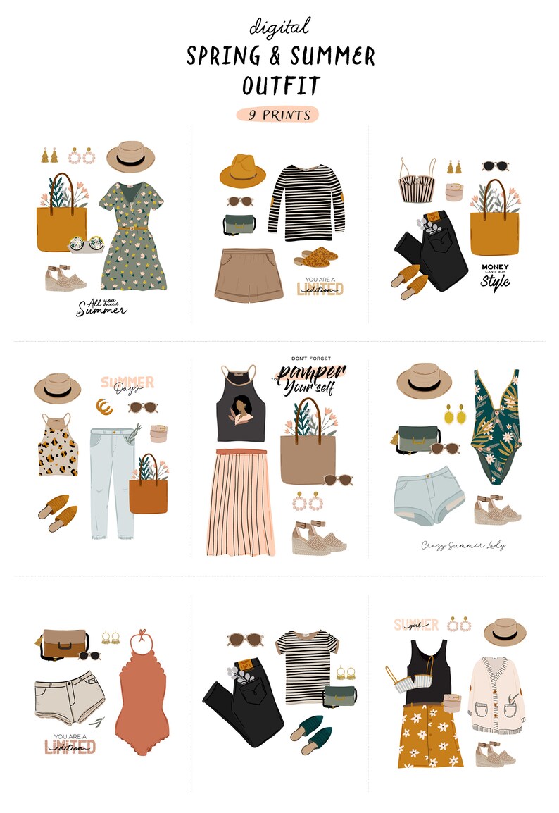 May include: Nine digital illustrations of spring and summer outfits. Each illustration features a variety of clothing items, including dresses, skirts, trousers, tops, shoes, hats, bags, and jewellery. The illustrations are in a cartoon style and feature bright colours and patterns.