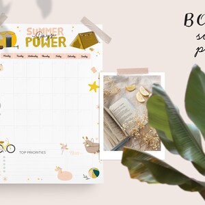May include: A printable summer planner featuring a yellow camper van, a tent, and the text "Summer Days Power". The planner has a weekly layout with space for top priorities and notes. The image also includes a bonus summer planner.