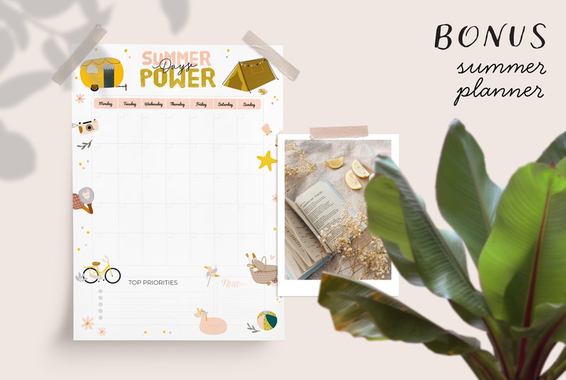 May include: A printable summer planner featuring a yellow camper van, a tent, and the text "Summer Days Power". The planner has a weekly layout with space for top priorities and notes. The image also includes a bonus summer planner.