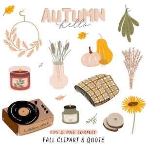 Clipart acogedor de otoño, clipart de otoño, hola, descarga digital. Cita de otoño, decoración del hogar, vela, registro, flores secas, calabaza, girasol, cuadros