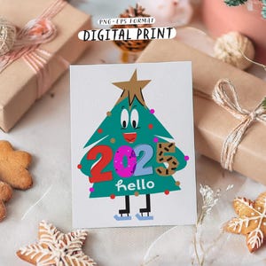 Cartoon Christmas Tree Clipart. Hello 2025 Year Card. Smiley Comic Characters Print. Cool Xmas Quote Winter Illustration. Digital Vector Png