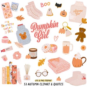 Clipart de chica calabaza, ilustración acogedora de otoño, pegatina de moda otoñal: libro de hojas, suéter, calcetines, vela, citas otoñales, pegatina de planificador digital PNG