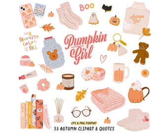Pumpkin Girl Clipart Fall Cozy Illustration Fashion Autumn Sticker: Leaf Book Sweater Socks Candle Autumn Quotes Digital Planner Sticker PNG
