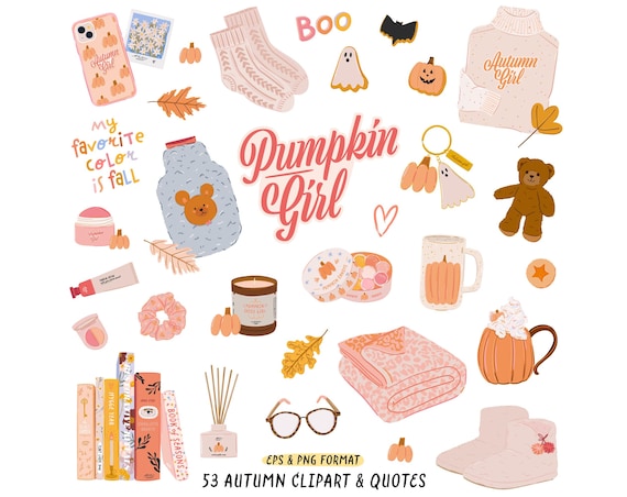 Pumpkin Girl Clipart Fall Cozy Illustration Fashion Autumn Sticker: Leaf Book Sweater Socks Candle Autumn Quotes Digital Planner Sticker PNG