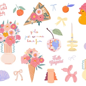 May include: A collection of colorful illustrations featuring a floral arrangement in a vase, a slice of pizza, a disco ball, a rubber duck, a candle holder, a vase with a striped pattern, a bouquet of flowers in a cone, a text bubble with the words "Hello Gorgeous", a balloon animal, and a text bubble with the words "Girls just wanna have fun".