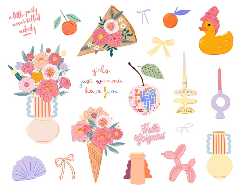 May include: A collection of colorful illustrations featuring a floral arrangement in a vase, a slice of pizza, a disco ball, a rubber duck, a candle holder, a vase with a striped pattern, a bouquet of flowers in a cone, a text bubble with the words "Hello Gorgeous", a balloon animal, and a text bubble with the words "Girls just wanna have fun".