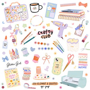 Puede incluir: Un conjunto de ilustraciones digitales con artículos de manualidades: organizador de cuentas, pistola de pegamento, tijeras, pinceles, cinta washi, cuadernos, máquina de corte y pegatinas. El texto dice Crafty Club, Glitter Girl y 150 CLIPART & QUOTES eps . png.