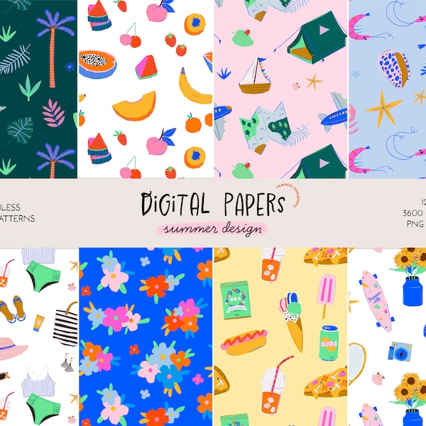 Summer Digital Papers Pack. Summer Seamless Patterns. Trendy Summer Scrapbook Paper. Tropic Flowers Sea Food Fashion Printable Paper PNG