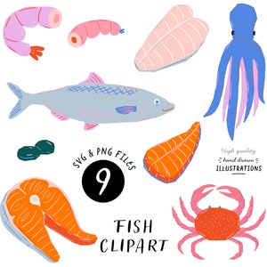Fish & Seafood clipart. Food digital illustration. Cooking clipart. Shrimps Fish Salmon Crawfish Octopus Squid SVG PNG. Commercial use
