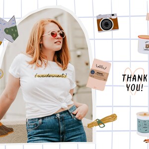 May include: A woman wearing a white t-shirt with the text "Wanderlust" in yellow lettering, blue jeans, and sunglasses. The image is a collage with various camping and travel themed illustrations, including a compass, a map, a camera, a notebook, a mug, a candle, and a heart with the text "Thank You!"