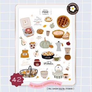 Jesienne przytulne jedzenie Clipart. Jesienne smakołyki: Ciasto dyniowe Herbata Kakao Halloween Słodycze Bento Ciasto Zupa grzybowa Tarta Dżem Żniwa Naklejka cyfrowa PNG