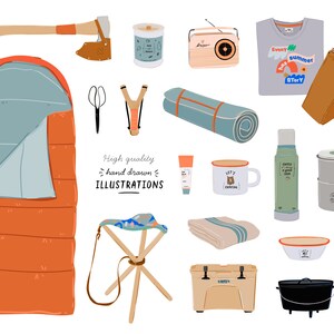 May include: A set of camping and outdoor gear illustrations, including a sleeping bag, axe, radio, t-shirt, trousers, slingshot, scissors, a roll-up mat, a camping mug, a flask, a camping stool, a cooler, a cast iron pot, a spatula, a bowl, and a blanket.