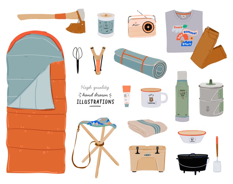 May include: A set of camping and outdoor gear illustrations, including a sleeping bag, axe, radio, t-shirt, trousers, slingshot, scissors, a roll-up mat, a camping mug, a flask, a camping stool, a cooler, a cast iron pot, a spatula, a bowl, and a blanket.