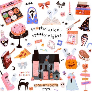 以下が含まれることがあります： ハロウィーンをテーマにしたイラストのコレクション。お化け屋敷、幽霊、コウモリ、カボチャ、ドーナツ、ケーキ、そして「Pumpkin spice, spooky nights」のテキストが含まれています。画像は、ピンク、オレンジ、黒のカラースキームを持つ漫画スタイルです。