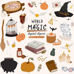 Ensemble de cliparts école de magie, fournitures de sorcellerie et de sorcellerie PNG numérique GoodNotes autocollants Potion de livre de potion de baguette de potiron d'Halloween