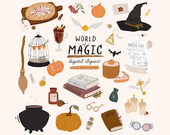 Magical School Clipart Bundle, Wizardry and Witchcraft Supplies Digital PNG GoodNotes stickers Halloween Pumpkin Wand Broomstick Book potion