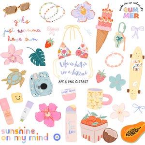 Zomer meisje clipartbundel, leuke zomercitaat, bikini strand esthetische png, pool party ontwerp schattig coquette vakantie stickers digitale download
