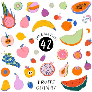 Sommer Früchte Clipart Wendekreisfrucht Banane Erdbeeren Wassermelone Melone Drachenfrucht. Digitale Sommerernte, Lebensmittelsymbole Sublimation PNG SVG