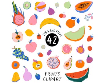 May include: A set of 42 colorful fruit and vegetable illustrations in a cartoon style. The illustrations include a variety of fruits and vegetables, such as apples, pears, grapes, watermelon, papaya, and dragon fruit. The illustrations are perfect for use in digital or printed projects.