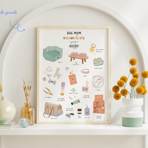 May include: A printable poster with a light pink background and the text "DOG MOM essentials GUIDE" in a colorful font. The poster features illustrations of dog-related items, such as a dog bed, leash, collar, treats, toys, and grooming supplies.