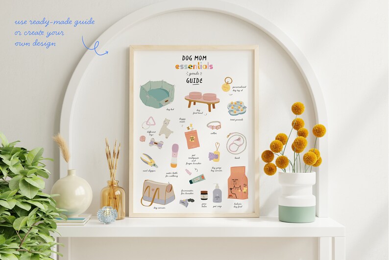 May include: A printable poster with a light pink background and the text "DOG MOM essentials GUIDE" in a colorful font. The poster features illustrations of dog-related items, such as a dog bed, leash, collar, treats, toys, and grooming supplies.
