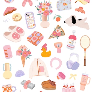 May include: A set of 42 colorful digital clipart illustrations featuring various objects, including flowers, a dog, a phone case, a duck, a tennis racket, a cake, a camera, and more. The illustrations are in EPS and PNG formats with transparent backgrounds.
