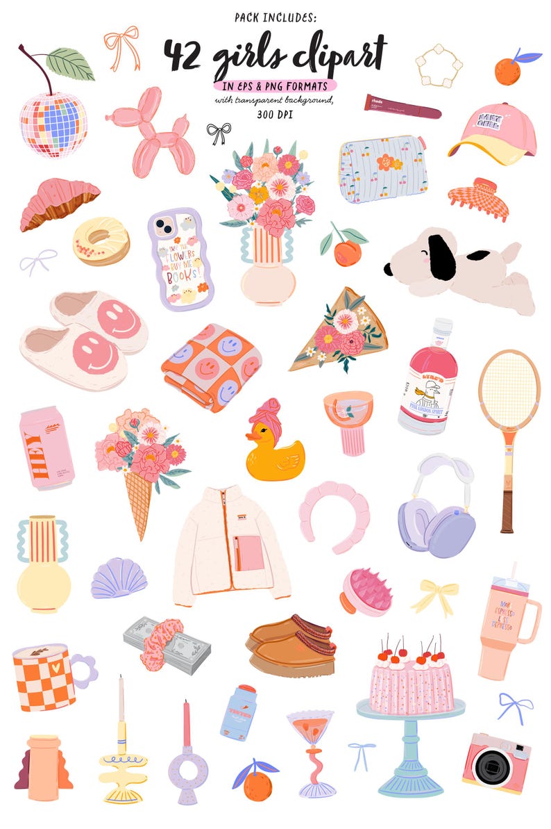 May include: A set of 42 colorful digital clipart illustrations featuring various objects, including flowers, a dog, a phone case, a duck, a tennis racket, a cake, a camera, and more. The illustrations are in EPS and PNG formats with transparent backgrounds.