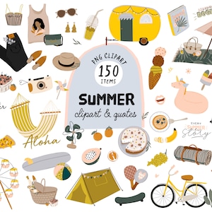 Pegatinas digitales de GoodNotes con imágenes prediseñadas de moda de verano, comida de verano, picnic, campamento, viajes, ocio, frutas, ropa de verano, PNG digital imprimible