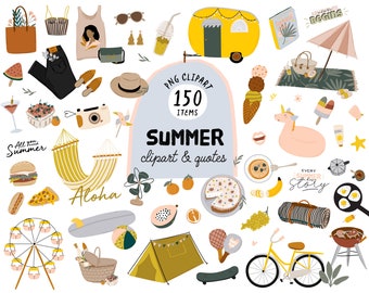 Clipart de moda de verano, pegatinas digitales GoodNotes, comida de verano, picnic, camping, viajes, ocio, frutas, ropa de verano, PNG digital imprimible