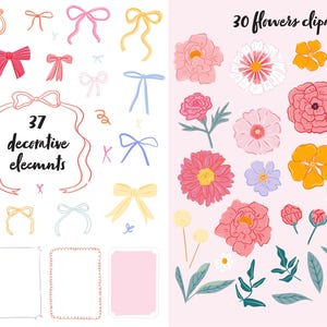 Op de afbeelding: Digitale clipartset met 37 decoratieve elementen, waaronder strikken, linten en kaders, en 30 bloemenillustraties. Het kleurenpalet omvat roze, geel, blauw en oranje op een lichtroze achtergrond.