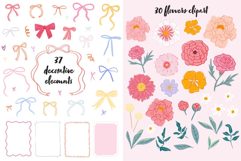 Op de afbeelding: Digitale clipartset met 37 decoratieve elementen, waaronder strikken, linten en kaders, en 30 bloemenillustraties. Het kleurenpalet omvat roze, geel, blauw en oranje op een lichtroze achtergrond.