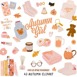 May include: A set of 43 autumn-themed clipart illustrations in a variety of styles. The illustrations include pumpkins, leaves, a ghost, a bear, a mug of hot chocolate, a book, a sweater, a phone, a pair of glasses, a candle, a diffuser, a pair of slippers, and more.