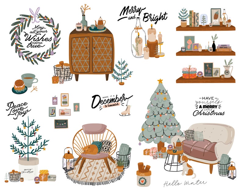 Christmas Interior Scene Clipart Winter Holiday Home Decor Etsy
