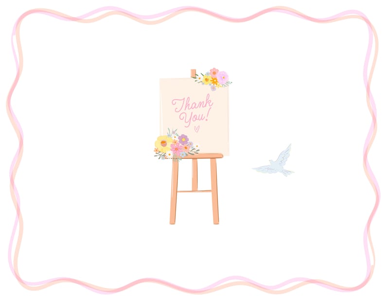 May include: A wooden easel with a white sign that says "Thank You!" decorated with pink, yellow, and purple flowers. A white dove flies in the background.