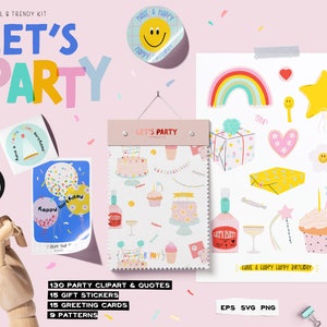 Pack de cliparts fête et joyeux anniversaire citations, autocollants cadeau cartes de voeux motifs gais, fournitures de fête clipart célébration PNG numérique