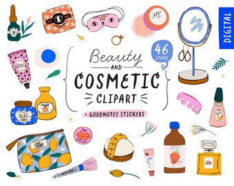 Op de afbeelding: Een set van 46 digitale illustraties van schoonheids- en cosmetica-artikelen. De illustraties zijn in cartoon-stijl en bevatten items zoals een make-upkwast, een fles lotion, een potje gezichtscrème, een paar oorbellen, een slaapmasker, een make-uptas, een haarspeld en een spiegel. De illustraties zijn perfect voor gebruik in digitale planners, sociale media of voor het maken van je eigen ontwerpen.