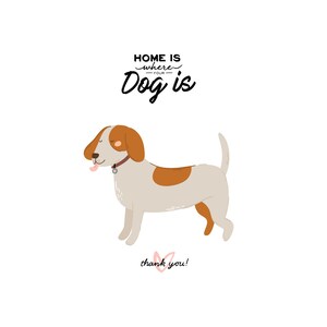 May include: A cartoon illustration of a brown and white dog with a pink tongue sticking out. The dog is wearing a brown collar with a tag. The text "Home is where your Dog is" is above the dog. The text "thank you!" is below the dog.