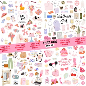 Op de afbeelding: Een verzameling handgetekende clipart en citaten, met verschillende items zoals een taart, een laptop, een croissant en een boodschappentas. De tekst "Hello Girl", "Wellness Girl" en "That Girl Bundle" is zichtbaar.