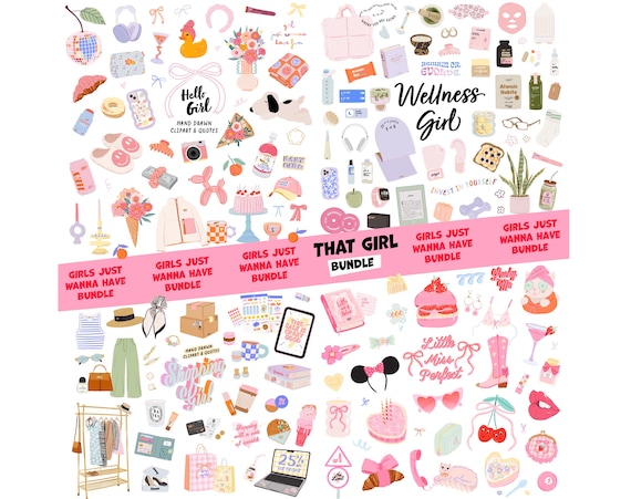 Girly Clipart Bundle, That Girl Aesthetic, Fashion Coquette, Shopping Girl, Wellness Girl, Cute Pink Clipart, Soft Girl Planner Stickers PNG