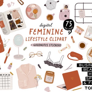 Feminine Mode Schönheit Clipart, digitale GoodNotes Aufkleber, dass Mädchen Planner Aufkleber, Lebensstil Frau Selbstfürsorge Alltag Clipart PNG
